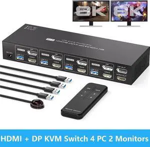 Vszerda 4-Port HDMI2.1+DP1.4 Dual Monitor USB3.0 KVM Switch, 8K@60Hz, 4 USB3.0 Ports with IR Remote Control Vszerda 4-Port HDMI2.1+DP1.4 Dual Monitor USB3.0 KVM Switch, 8K@60Hz, 4 USB3.0 Ports with IR Remote Control