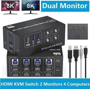4 Port Dual Monitor 8K HDMI KVM Switch with 3 USB 3.0 Ports, Wired Remote & Power Adapter, Mirror & Extended Display Modes, Compatible with Windows/Vista/XP/Mac OS/Linux for 4 PCs Share 2 Monitors 4 Port Dual Monitor 8K HDMI KVM Switch with 3 USB 3.0 Ports, Wired Remote & Power Adapter, Mirror & Extended Display Modes, Compatible with Windows/Vista/XP/Mac OS/Linux for 4 PCs Share 2 Monitors