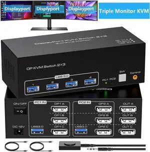 Vszerda 2 PCs Triple Monitor Dual DP KVM Switch 8K@60Hz 4K@120Hz USB 3.0, Support Extended & Duplicate Display Modes, 4 USB 3.0 Sharing Ports for 2 Laptops/PCs Share 3 DP Monitors Vszerda 2 PCs Triple Monitor Dual DP KVM Switch 8K@60Hz 4K@120Hz USB 3.0, Support Extended & Duplicate Display Modes, 4 USB 3.0 Sharing Ports for 2 Laptops/PCs Share 3 DP Monitors