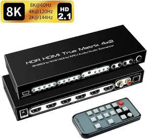 4 In 2 Out HDMI 2.1 8K Matrix Switch with IR Remote, 4×2 Video Splitter Converter, Optical SPDIF 5.1CH + L/R Analog Audio Extractor Support 8K@60Hz 4K@120Hz HDR10 Dolby Vision Atmos ARC HDCP2.3 4 In 2 Out HDMI 2.1 8K Matrix Switch with IR Remote, 4×2 Video Splitter Converter, Optical SPDIF 5.1CH + L/R Analog Audio Extractor Support 8K@60Hz 4K@120Hz HDR10 Dolby Vision Atmos ARC HDCP2.3