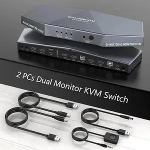 Vszerda 2 Port Dual Monitor HDMI KVM Switch 4K, USB-Powered, Hotkey Control, Built-in Audio, Full Cables Included for 2 PCs & 2 Monitors Vszerda 2 Port Dual Monitor HDMI KVM Switch 4K, USB-Powered, Hotkey Control, Built-in Audio, Full Cables Included for 2 PCs & 2 Monitors