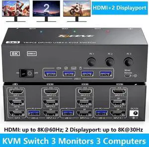 Vszerda 3 Port Triple Monitor 1HDMI+2DP KVM Switch, 8K@60Hz/30Hz 2K@144Hz USB3.0 KVM Switcher for 3 PCs Share 3 Displays, Support Extended Display Mode Vszerda 3 Port Triple Monitor 1HDMI+2DP KVM Switch, 8K@60Hz/30Hz 2K@144Hz USB3.0 KVM Switcher for 3 PCs Share 3 Displays, Support Extended Display Mode