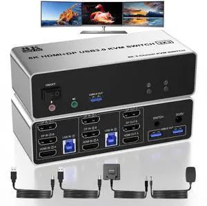 Vszerda 2 PCs 3 Monitors KVM Switch, 8K@60Hz HDMI + Dual DP, 3 USB3.0 Ports with Audio & Mic Vszerda 2 PCs 3 Monitors KVM Switch, 8K@60Hz HDMI + Dual DP, 3 USB3.0 Ports with Audio & Mic