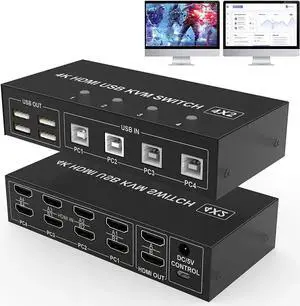 Vszerda 4-Port 4×2 Dual Monitor HDMI USB KVM Switch 4K@60Hz, 4 In 2 Out for 4 PCs Share 2 Monitors & Peripherals Vszerda 4-Port 4×2 Dual Monitor HDMI USB KVM Switch 4K@60Hz, 4 In 2 Out for 4 PCs Share 2 Monitors & Peripherals