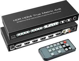 4x2 HDMI 2.1 Matrix Switch 4 in 2 Out 8K@60Hz with IR Remote, 48Gbps 8K HDMI Matrix Splitter, Support 4K@120Hz, HDR10, Dolby Vision, Dolby Atmos, HDCP2.3, ARC, SPDIF 5.1CH Audio Extractor for PS5, Xbo 4x2 HDMI 2.1 Matrix Switch 4 in 2 Out 8K@60Hz with IR Remote, 48Gbps 8K HDMI Matrix Splitter, Support 4K@120Hz, HDR10, Dolby Vision, Dolby Atmos, HDCP2.3, ARC, SPDIF 5.1CH Audio Extractor for PS5, Xbo