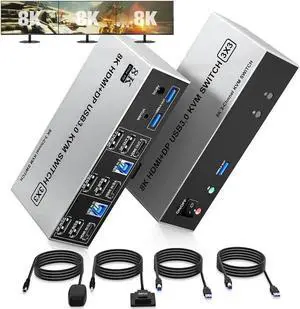 Vszerda 2 Port Triple Monitor 1HDMI+2DP KVM Switch, 8K@60Hz USB3.0 KVM Switcher with Audio & Mic, 3 USB 3.0 Ports for 2 PCs Share 3 Displays Vszerda 2 Port Triple Monitor 1HDMI+2DP KVM Switch, 8K@60Hz USB3.0 KVM Switcher with Audio & Mic, 3 USB 3.0 Ports for 2 PCs Share 3 Displays