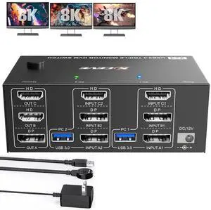 Vszerda 2 Port Triple Monitor HDMI+DP KVM Switch, 8K@60Hz 4K@144Hz USB3.0 KVM Switcher with 4 USB 3.0 Ports, Wired Remote & 12V Power Adapter for 2 PCs Share 3 Displays Vszerda 2 Port Triple Monitor HDMI+DP KVM Switch, 8K@60Hz 4K@144Hz USB3.0 KVM Switcher with 4 USB 3.0 Ports, Wired Remote & 12V Power Adapter for 2 PCs Share 3 Displays