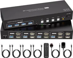 Vszerda 4 Port Dual HDMI KVM Switch, 8K@60Hz 4K@120Hz USB3.0 KVM Switcher with Remote & Power Adapter for 4 PCs Share 2 Monitors & 4 USB 3.0 Devices, Support Mirror & Extend Display Vszerda 4 Port Dual HDMI KVM Switch, 8K@60Hz 4K@120Hz USB3.0 KVM Switcher with Remote & Power Adapter for 4 PCs Share 2 Monitors & 4 USB 3.0 Devices, Support Mirror & Extend Display