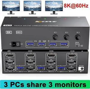 Vszerda 3-Port Triple Monitor KVM Switch (1HDMI+2DP), 8K@60Hz, 4 USB3.0 Ports, Wired Remote & Power Adapter Vszerda 3-Port Triple Monitor KVM Switch (1HDMI+2DP), 8K@60Hz, 4 USB3.0 Ports, Wired Remote & Power Adapter