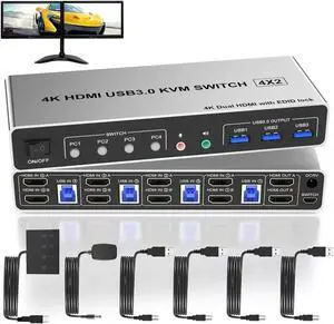 Vszerda 4 In 2 Out Dual Monitor HDMI KVM Switch 4K@60Hz USB 3.0, EDID Emulator, Audio & Mic Jack, 3 USB 3.0 Ports for 4 PCs Share 2 Displays Vszerda 4 In 2 Out Dual Monitor HDMI KVM Switch 4K@60Hz USB 3.0, EDID Emulator, Audio & Mic Jack, 3 USB 3.0 Ports for 4 PCs Share 2 Displays
