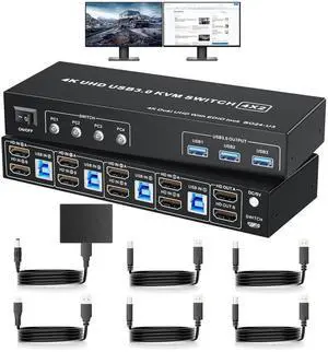 Vszerda 4-Port Dual HDMI KVM Switch, 4K@60Hz, 3 USB3.0 Ports, Button Controller & 4 USB Cables Included Vszerda 4-Port Dual HDMI KVM Switch, 4K@60Hz, 3 USB3.0 Ports, Button Controller & 4 USB Cables Included