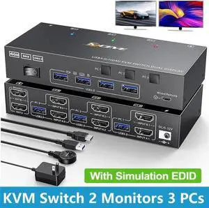 Vszerda 3 Port Dual HDMI USB 3.0 KVM Switch 3 In 2 Out, 4K@60Hz 2K@144Hz KVM Switcher with EDID Emulation, 4 USB3.0 Ports for 3 PCs Share 2 Monitors Keyboard Mouse Printer Vszerda 3 Port Dual HDMI USB 3.0 KVM Switch 3 In 2 Out, 4K@60Hz 2K@144Hz KVM Switcher with EDID Emulation, 4 USB3.0 Ports for 3 PCs Share 2 Monitors Keyboard Mouse Printer
