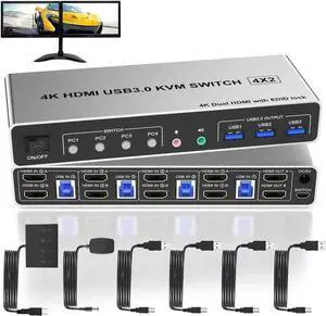 Vszerda 4 Port 4-In-2-Out Dual Monitor HDMI USB3.0 KVM Switch 4K@60Hz, EDID Emulation, Audio & Mic, 3 USB3.0 Ports for 4 PCs 2 Monitors Vszerda 4 Port 4-In-2-Out Dual Monitor HDMI USB3.0 KVM Switch 4K@60Hz, EDID Emulation, Audio & Mic, 3 USB3.0 Ports for 4 PCs 2 Monitors