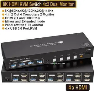 Vszerda 4-Port Dual HDMI KVM Switch 4 In 2 Out, 8K@60Hz 4K@120Hz, 4 USB3.0 Ports Vszerda 4-Port Dual HDMI KVM Switch 4 In 2 Out, 8K@60Hz 4K@120Hz, 4 USB3.0 Ports