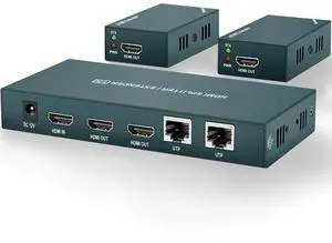 Vszerda 1 In 2 Out HDMI Over IP Extender Splitter, 50m/165ft Transmission via CAT5e CAT6 CAT7 Cable, 1080P@60Hz 3D Support Dual HDMI Loop Output Distributor Vszerda 1 In 2 Out HDMI Over IP Extender Splitter, 50m/165ft Transmission via CAT5e CAT6 CAT7 Cable, 1080P@60Hz 3D Support Dual HDMI Loop Output Distributor