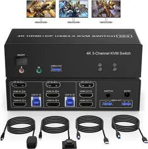 Vszerda 2 Port Triple Monitor KVM Switch (2HDMI+1DP), 4K@60Hz USB3.0 KVM Switcher with Audio & Mic, 3 USB 3.0 Ports for 2 PCs Share 3 Displays Keyboard Mouse Vszerda 2 Port Triple Monitor KVM Switch (2HDMI+1DP), 4K@60Hz USB3.0 KVM Switcher with Audio & Mic, 3 USB 3.0 Ports for 2 PCs Share 3 Displays Keyboard Mouse