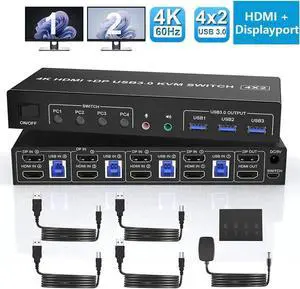 Vszerda 4 Port Dual Monitor DP+HDMI Hybrid KVM Switch 4K@60Hz USB 3.0, Audio & Mic Jack, 3 USB 3.0 Ports for 4 PCs Share 2 Displays Vszerda 4 Port Dual Monitor DP+HDMI Hybrid KVM Switch 4K@60Hz USB 3.0, Audio & Mic Jack, 3 USB 3.0 Ports for 4 PCs Share 2 Displays