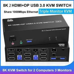 Vszerda 2 Port Triple Monitor 2HDMI+DP KVM Switch USB3.0, With 1000Mbps RJ45 Ethernet, 3 USB3.0 Ports, 3.5mm Audio Mic & Wired Remote for 2 PCs Share 3 Displays Vszerda 2 Port Triple Monitor 2HDMI+DP KVM Switch USB3.0, With 1000Mbps RJ45 Ethernet, 3 USB3.0 Ports, 3.5mm Audio Mic & Wired Remote for 2 PCs Share 3 Displays
