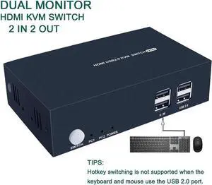 Vszerda 2 Port Dual Monitor HDMI KVM Switch 4K@30Hz, 2 USB2.0 Hub, Hotkey Switch, No Power Adapter, 4 HDMI Cables Included Vszerda 2 Port Dual Monitor HDMI KVM Switch 4K@30Hz, 2 USB2.0 Hub, Hotkey Switch, No Power Adapter, 4 HDMI Cables Included