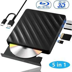 Vszerda 5-in-1 Slim Portable 3D External Blu Ray Burner USB3.0 Type-C BD DVD CD RW Reader Writer with SD TF Card Slots Compatible with Windows Laptop Desktop PC Vszerda 5-in-1 Slim Portable 3D External Blu Ray Burner USB3.0 Type-C BD DVD CD RW Reader Writer with SD TF Card Slots Compatible with Windows Laptop Desktop PC