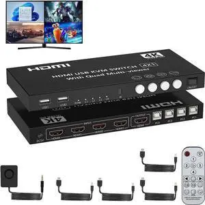 Vszerda 4 Port 4×1 Single Monitor HDMI KVM Switch 4K@30Hz, Quad Seamless Multi-Viewer, Support Hotkey, Button & IR Remote Control for 4 PCs Vszerda 4 Port 4×1 Single Monitor HDMI KVM Switch 4K@30Hz, Quad Seamless Multi-Viewer, Support Hotkey, Button & IR Remote Control for 4 PCs