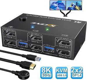 2 Port 2-In-2-Out Dual Monitor DP 1.4 KVM Switch 8K@30Hz 4K@144Hz USB 3.0, Wired Remote Controller, 4 USB 3.0 Ports, Complete with 4 Matching Cables for 2 PCs Share Dual Displays & USB Peripherals 2 Port 2-In-2-Out Dual Monitor DP 1.4 KVM Switch 8K@30Hz 4K@144Hz USB 3.0, Wired Remote Controller, 4 USB 3.0 Ports, Complete with 4 Matching Cables for 2 PCs Share Dual Displays & USB Peripherals