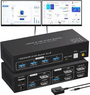 Vszerda 2 Port Dual Monitor DP+HDMI Hybrid KVM Switch 8K@60Hz 4K@120Hz USB 3.0, External Wired Controller, 4 USB 3.0 Ports for 2 PCs Share 2 Displays & USB Peripherals Vszerda 2 Port Dual Monitor DP+HDMI Hybrid KVM Switch 8K@60Hz 4K@120Hz USB 3.0, External Wired Controller, 4 USB 3.0 Ports for 2 PCs Share 2 Displays & USB Peripherals