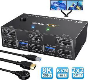 Vszerda 8K DP 1.4 Dual Monitor USB 3.0 KVM Switch 2×2, 8K@30Hz / 4K@144Hz, 4 USB3.0 Ports, Wired Remote & 4 Connection Cables Included for 2 PCs Vszerda 8K DP 1.4 Dual Monitor USB 3.0 KVM Switch 2×2, 8K@30Hz / 4K@144Hz, 4 USB3.0 Ports, Wired Remote & 4 Connection Cables Included for 2 PCs
