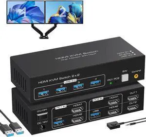 Vszerda 2-Port Dual HDMI KVM Switch 2 In 2 Out, 8K@60Hz 4K@120Hz, 4 USB3.0 Ports Vszerda 2-Port Dual HDMI KVM Switch 2 In 2 Out, 8K@60Hz 4K@120Hz, 4 USB3.0 Ports