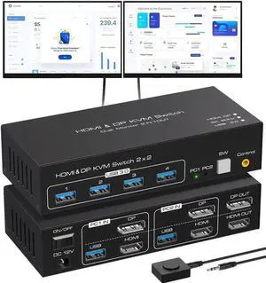 Vszerda 2 Port Dual Monitor DP+HDMI KVM Switch, 8K@60Hz 4K@120Hz USB3.0 KVM Switcher 2 In 2 Out for 2 PCs Share 2 Monitors with 4 USB 3.0 Ports, Support Extend & Mirror Display Vszerda 2 Port Dual Monitor DP+HDMI KVM Switch, 8K@60Hz 4K@120Hz USB3.0 KVM Switcher 2 In 2 Out for 2 PCs Share 2 Monitors with 4 USB 3.0 Ports, Support Extend & Mirror Display