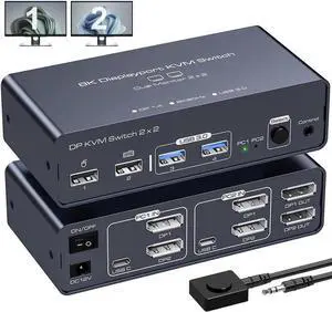 Vszerda 2 Port 2-In-2-Out Dual Monitor DisplayPort 1.4 KVM Switch 8K@60Hz 4K@120Hz USB 3.0, Aluminum Housing, with USB3.0 to USB-C Cable, 4 USB Peripherals Sharing for 2 PCs & 2 Displays Vszerda 2 Port 2-In-2-Out Dual Monitor DisplayPort 1.4 KVM Switch 8K@60Hz 4K@120Hz USB 3.0, Aluminum Housing, with USB3.0 to USB-C Cable, 4 USB Peripherals Sharing for 2 PCs & 2 Displays