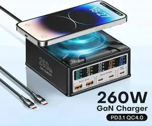 Vszerda 260W 5-Port GaN Charging Station with Wireless Charger, 3USB-C+2USB-A Multi-Port Fast Charging Cube Power Adapter Vszerda 260W 5-Port GaN Charging Station with Wireless Charger, 3USB-C+2USB-A Multi-Port Fast Charging Cube Power Adapter