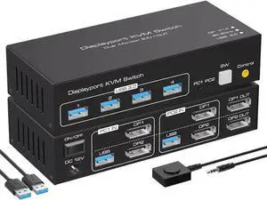 Vszerda 2-Port Dual Monitor DP USB3.0 KVM Switch, 8K/4K@120Hz, 4 USB Ports, With 12V/1A Adapter, Wired Remote & 2 USB3.0 Cables Vszerda 2-Port Dual Monitor DP USB3.0 KVM Switch, 8K/4K@120Hz, 4 USB Ports, With 12V/1A Adapter, Wired Remote & 2 USB3.0 Cables