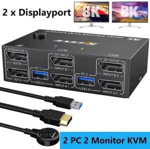 Vszerda 2 Port 2×2 Dual Monitor DP USB3.0 KVM Switch, 8K@30Hz / 4K@144Hz, 4 USB3.0 Ports, Wired Remote & USB Cable Included Vszerda 2 Port 2×2 Dual Monitor DP USB3.0 KVM Switch, 8K@30Hz / 4K@144Hz, 4 USB3.0 Ports, Wired Remote & USB Cable Included