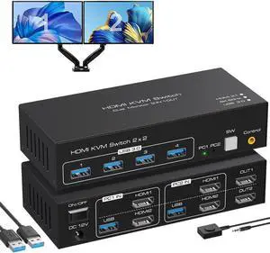 Vszerda 2 Port 2x2 Dual Monitor HDMI KVM Switch 8K@60Hz 4K@120Hz, USB 3.0 KVM Switcher with 4 USB 3.0 Ports, Mirror & Extended Display, Desktop Controller Included Vszerda 2 Port 2x2 Dual Monitor HDMI KVM Switch 8K@60Hz 4K@120Hz, USB 3.0 KVM Switcher with 4 USB 3.0 Ports, Mirror & Extended Display, Desktop Controller Included