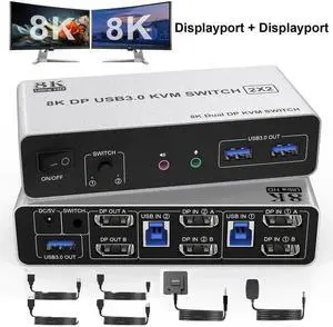 Vszerda 2 Port Dual Monitor DP USB 3.0 KVM Switch 8K@60Hz/4K@144Hz, Separate Audio & Mic Jacks, 3 USB3.0 Ports, Desktop Controller & 2 USB Cables Included for 2 PCs Vszerda 2 Port Dual Monitor DP USB 3.0 KVM Switch 8K@60Hz/4K@144Hz, Separate Audio & Mic Jacks, 3 USB3.0 Ports, Desktop Controller & 2 USB Cables Included for 2 PCs