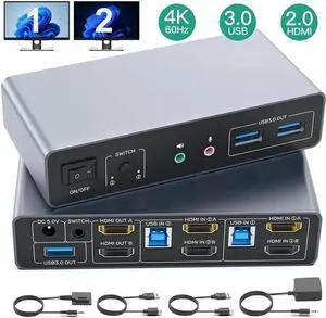 Vszerda 2 Port Dual Monitor HDMI USB 3.0 KVM Switch 4K@60Hz, Support Extended & Mirrored Display, 3 USB3.0 Ports, Desktop Controller & 2 USB Cables Included for 2 PCs Vszerda 2 Port Dual Monitor HDMI USB 3.0 KVM Switch 4K@60Hz, Support Extended & Mirrored Display, 3 USB3.0 Ports, Desktop Controller & 2 USB Cables Included for 2 PCs