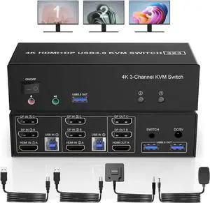 Vszerda 2PC Triple Monitor Hybrid HDMI+Dual DP USB3.0 KVM Switch 4K@60Hz, With Audio & Mic, 3 USB3.0 Ports for Sharing Keyboard & Mouse Vszerda 2PC Triple Monitor Hybrid HDMI+Dual DP USB3.0 KVM Switch 4K@60Hz, With Audio & Mic, 3 USB3.0 Ports for Sharing Keyboard & Mouse