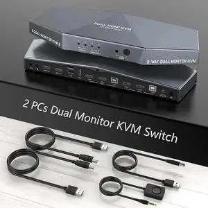 Vszerda 4K@60Hz Dual Monitor HDMI KVM Switch for 2 Computers 2 Monitors, 2 Port HDMI KVM Switcher with Audio Port, USB Powered, Hotkey Switch Control, Includes HDMI Cables for Laptops Desktops Vszerda 4K@60Hz Dual Monitor HDMI KVM Switch for 2 Computers 2 Monitors, 2 Port HDMI KVM Switcher with Audio Port, USB Powered, Hotkey Switch Control, Includes HDMI Cables for Laptops Desktops