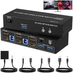 Vszerda 2-Port HDMI+DP Dual Monitor KVM Switch 4K@60Hz, 3 USB3.0 Ports, Wired Switch Button & 2 USB Cables Included Vszerda 2-Port HDMI+DP Dual Monitor KVM Switch 4K@60Hz, 3 USB3.0 Ports, Wired Switch Button & 2 USB Cables Included