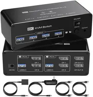 Vszerda 2 Port Dual Monitor DP USB3.0 KVM Switch 8K@60Hz/4K@144Hz, 4 USB3.0 Ports, Support Extended & Mirrored Modes, Remote Controller & USB Cables Included for 2 PCs Vszerda 2 Port Dual Monitor DP USB3.0 KVM Switch 8K@60Hz/4K@144Hz, 4 USB3.0 Ports, Support Extended & Mirrored Modes, Remote Controller & USB Cables Included for 2 PCs