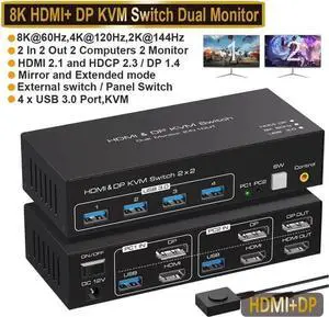 Vszerda 2-Port HDMI+DP Dual Monitor KVM Switch, 8K@60Hz 4K@120Hz, 4 USB3.0 Ports, External Wired Controller & 2 USB Cables Included Vszerda 2-Port HDMI+DP Dual Monitor KVM Switch, 8K@60Hz 4K@120Hz, 4 USB3.0 Ports, External Wired Controller & 2 USB Cables Included