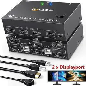 Vszerda 2 Port DP1.4 Dual Monitor USB KVM Switch 8K@30Hz/4K@120Hz, Wired Remote Included for 2 PCs Sharing 2 Monitors, Keyboard & Mouse Vszerda 2 Port DP1.4 Dual Monitor USB KVM Switch 8K@30Hz/4K@120Hz, Wired Remote Included for 2 PCs Sharing 2 Monitors, Keyboard & Mouse