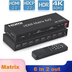Vszerda 6x2 HDMI 2.0 Matrix Switch Splitter, 6 In 2 Out HDMI Matrix with Audio Extractor & IR Remote, Support 4K@60Hz HDR RGB/YUV 4:4:4, SPDIF Optical + 3.5mm Audio Output Vszerda 6x2 HDMI 2.0 Matrix Switch Splitter, 6 In 2 Out HDMI Matrix with Audio Extractor & IR Remote, Support 4K@60Hz HDR RGB/YUV 4:4:4, SPDIF Optical + 3.5mm Audio Output