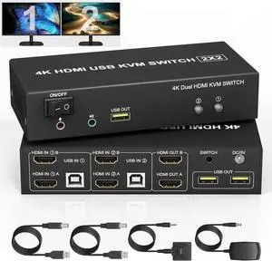 Vszerda 2 Port Dual Monitor HDMI KVM Switch 4K@60Hz, 2 Computers Share Dual Screens, Audio/Mic Jack & 3 USB Ports, Extended/Mirror Mode Supported Vszerda 2 Port Dual Monitor HDMI KVM Switch 4K@60Hz, 2 Computers Share Dual Screens, Audio/Mic Jack & 3 USB Ports, Extended/Mirror Mode Supported