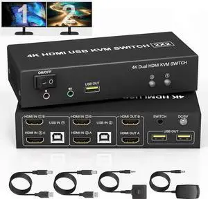 Vszerda 2x2 Dual Monitor HDMI KVM Switch 4K@60Hz, 2 Port KVM Switcher with Audio Mic & 3 USB Ports, Support Extended & Mirror Mode for 2 PCs Share Two Displays Vszerda 2x2 Dual Monitor HDMI KVM Switch 4K@60Hz, 2 Port KVM Switcher with Audio Mic & 3 USB Ports, Support Extended & Mirror Mode for 2 PCs Share Two Displays