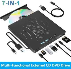 Vszerda 7 in 1 USB 3.0 Type-C External CD DVD RW Burner Portable Optical Drive with SD TF Card Reader for Laptop Desktop Windows XP/7/8/10 Linux Mac OS Vszerda 7 in 1 USB 3.0 Type-C External CD DVD RW Burner Portable Optical Drive with SD TF Card Reader for Laptop Desktop Windows XP/7/8/10 Linux Mac OS