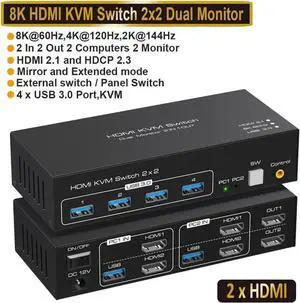 Vszerda 2 In 2 Out Dual Monitor HDMI KVM Switch, 8K@60Hz 4K@120Hz USB 3.0 KVM Switcher with 4 USB Ports for 2 PCs, Compatible with Windows MacOS Linux Unix Vszerda 2 In 2 Out Dual Monitor HDMI KVM Switch, 8K@60Hz 4K@120Hz USB 3.0 KVM Switcher with 4 USB Ports for 2 PCs, Compatible with Windows MacOS Linux Unix