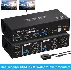 Vszerda 2x2 Dual Monitor HDMI KVM Switch 4K@60Hz, 2 Port KVM Switcher with 4 USB 3.0 Ports, Desktop Controller & 2 USB 3.0 Cables for 2 PCs Share Two Displays Vszerda 2x2 Dual Monitor HDMI KVM Switch 4K@60Hz, 2 Port KVM Switcher with 4 USB 3.0 Ports, Desktop Controller & 2 USB 3.0 Cables for 2 PCs Share Two Displays