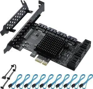 Vszerda 10 Port PCIe X1 SATA 3.0 Expansion Card with ASM1166 Chip, 6Gbps Non-RAID SATA Controller Adapter, Low Profile Bracket & 10 SATA Cables Included Vszerda 10 Port PCIe X1 SATA 3.0 Expansion Card with ASM1166 Chip, 6Gbps Non-RAID SATA Controller Adapter, Low Profile Bracket & 10 SATA Cables Included